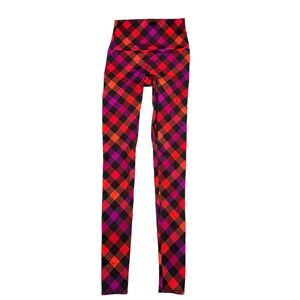 K-DEER Red/Pink/Black Plaid Full Length High Rise Leggings Sz Small 32" Inseam